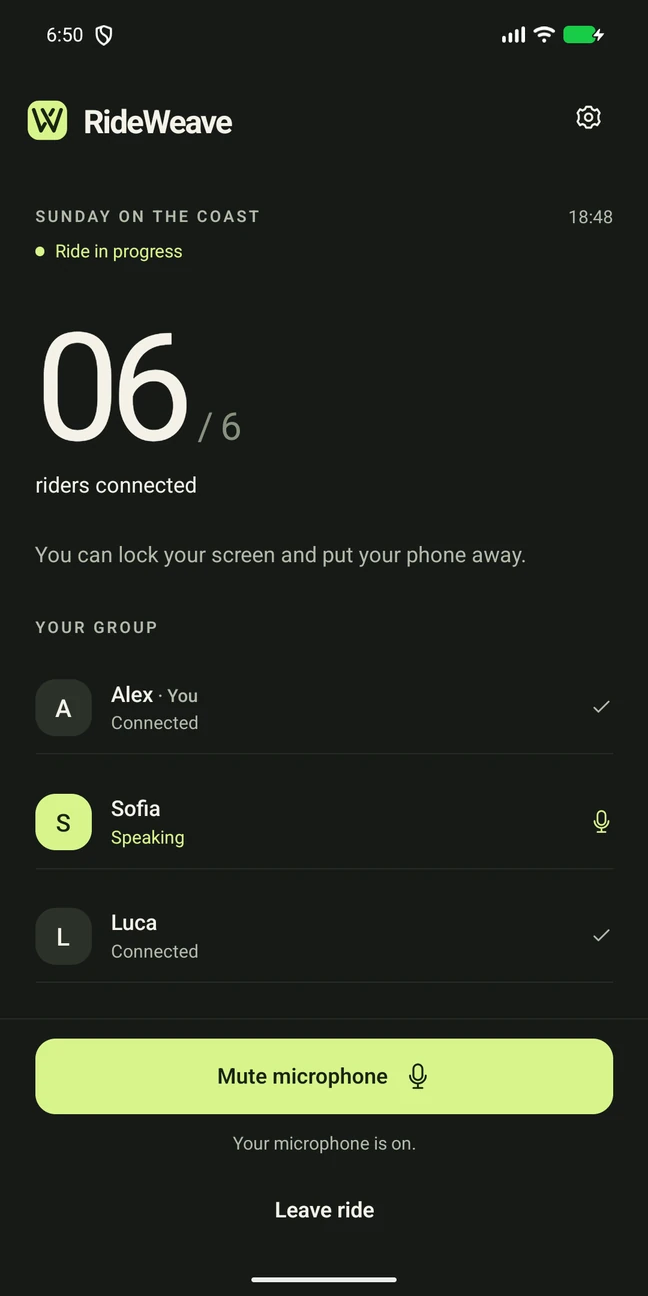 Six riders connected in an active RideWeave ride